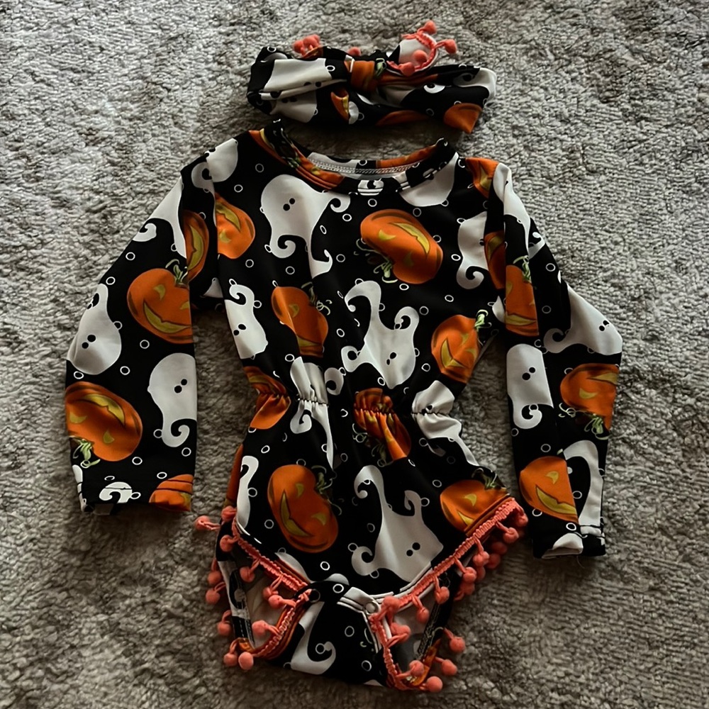 Baby Girl Halloween onesie long sleeve one piece snap headband pumpkins ghost